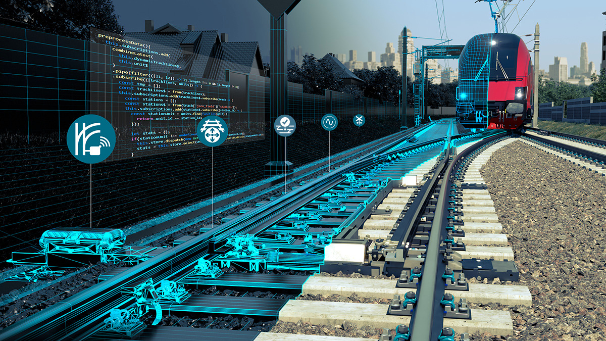 A Taurus locomotive approaches a signal. Symbols show the intelligent technologies of voestalpine Railway Systems