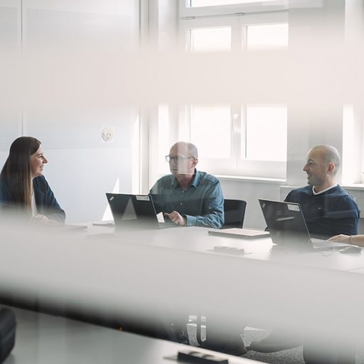 Das vierköpfige Team bei einem Meeting.