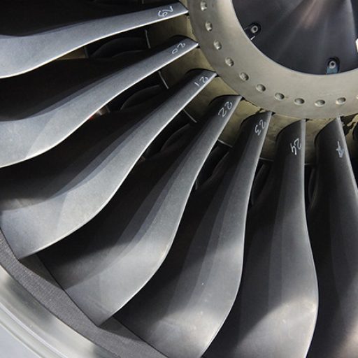 Close-up of the inside of an aircraft turbine.