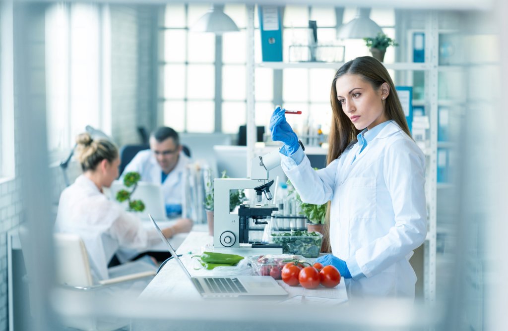 Female biologist testing tomato samples in laboratory