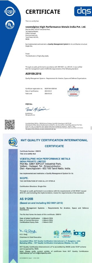 Aerospace Quality Certificates for voestalpine Aerospace Materials India