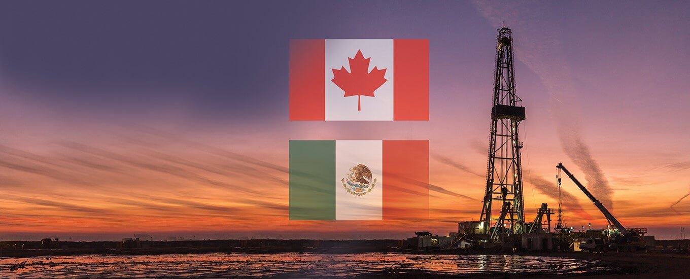 Banner with the Canadian and Mexican flags displayed over a background photo of an oil rig during sunset