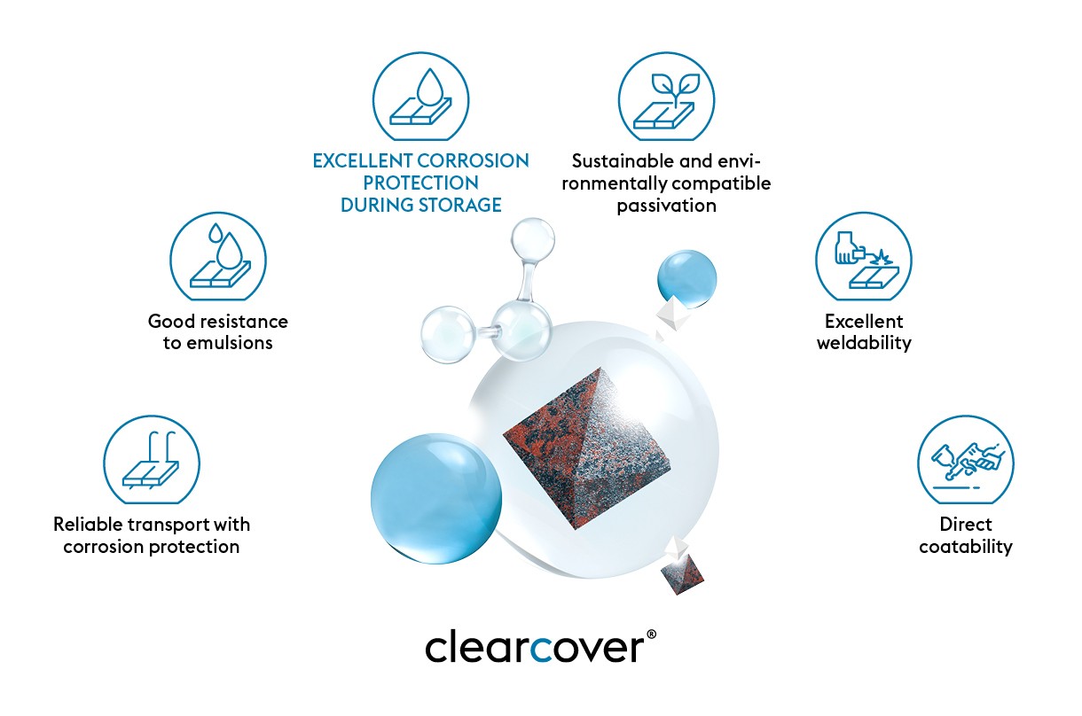 The use of clearcover® on passivated galvanized steel provides excellent properties such as reliable corrosion protection during storage and transport, direct coatability and more.